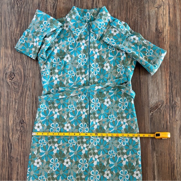 Wynette Midi Belted Shift L/S Dress NO SIZE Vintage 70s Blue Green White Floral - Picture 7 of 15